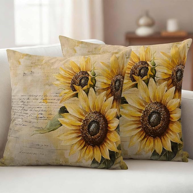 Retro Sunflower Outdoor Waterproof Throw Pillow Covers Set of 2, 24"x24", Pastoral Floral Painting Newspaper Background Decorative Pillow Covers Outside Cushion Case for Patio Porch Garden