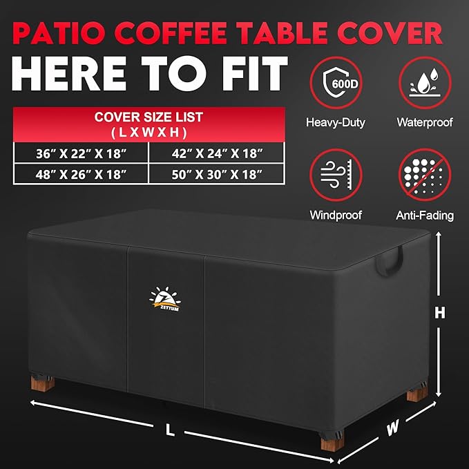 Zettum Outdoor Coffee Table Cover – Coffee Table Cover Rectangle Waterproof & Heavy Duty, Patio Table Covers for Side Tables, 600D Covers Provide All-Weather Protection - 50 x 30 x 18 Inch