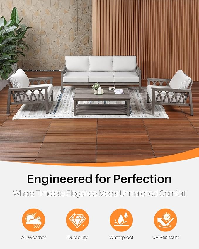5-Piece Aluminum Outdoor Patio Conversation Set, Outdoor Furniture Sofa Couch Set with Washable Cushions, Rustproof Outdoor Sofa Set Patio Furniture Set for Deck, Poolside, Limed Oak