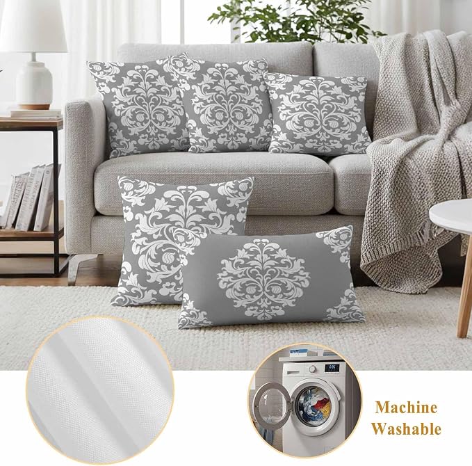 Outdoor Pillow Covers Set of 2, Damask Abstract Flower Grey Decorative Throw Pillow Covers 18X18IN, Classic Luxury Floral Throw Pillows Protector Cushion Case for Patio,Couch,Sofa,Garden