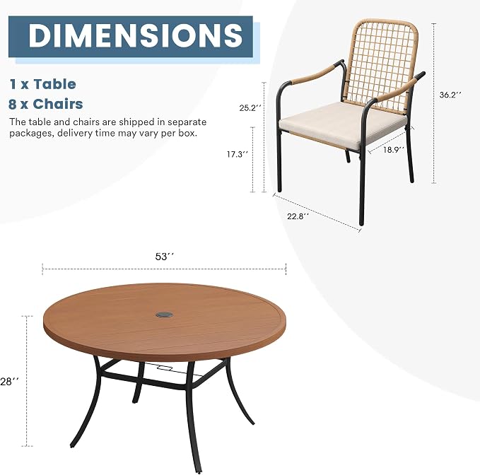 DIFY 9 Pieces Outdoor Dining Set for 8, 53" Round Dining Table with Umbrella Hole & Wicker Stackable Patio Chairs with Cushions, Metal Patio Table and Chairs Set for Backyard Porch Garden, Walnut