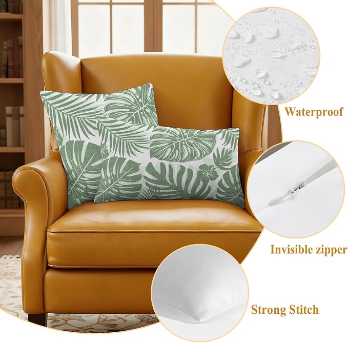 Green Palm Leaves Outdoor Pillow Covers 20"x20" Set of 2, Tropical Botanical Minimalist Modern Waterproof Throw Pillow Covers for Patio Furniture, Decorative Cushion Covers for Porch
