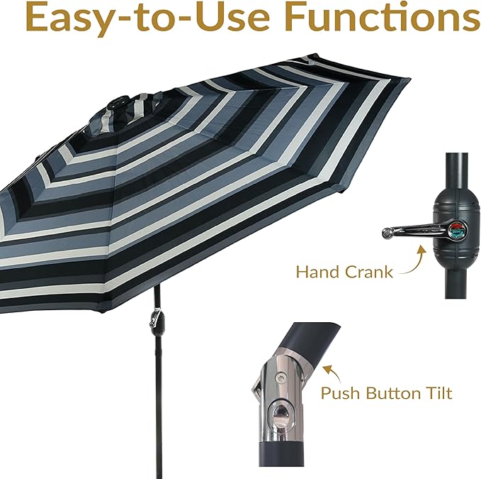 Sunnydaze 9 ft Striped Patio Umbrella with Solar Lights - Polyester LED Table Market Umbrella with Tilt and Crank - Catalina Beach Stripe