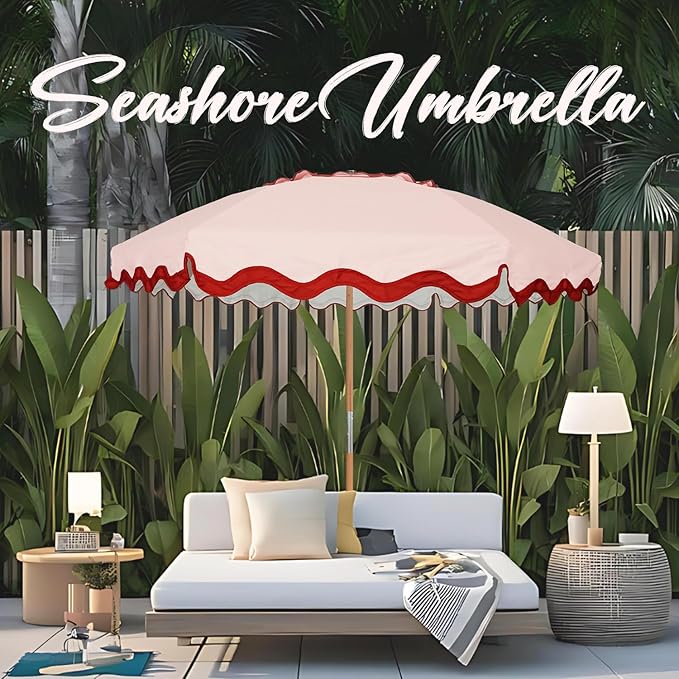 AMMSUN 7.8ft Seashore Umbrella, Outdoor Umbrella, Boho Beach & Patio Umbrella with UV 50+ Air Vent Ash Wood Pole Carry Bag & Water-Resistant Canvas (Rivulet Red)