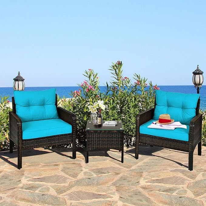 HAPPYGRILL 3 Piece Patio Furniture Set Outdoor Rattan Wicker Coffee Table & Chairs Set with Seat Cushions Patio Conversation Set for Garden Balcony Backyard Poolside