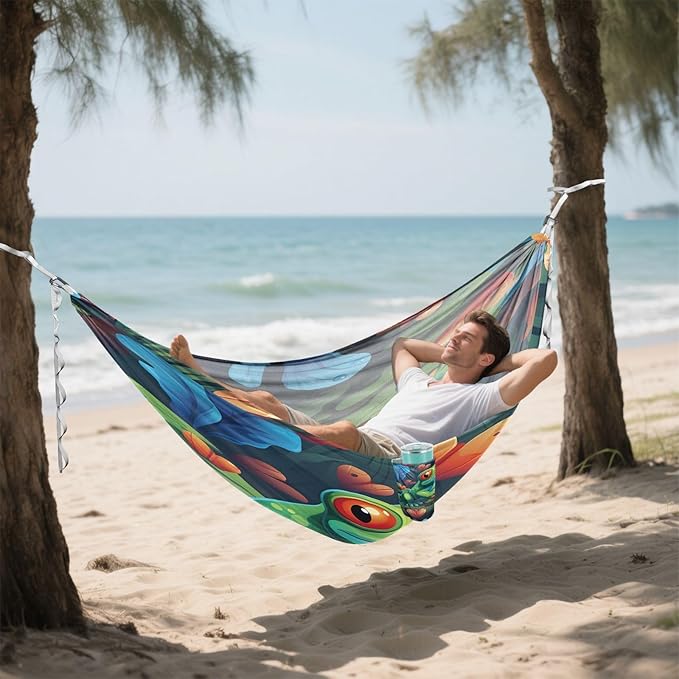Camping Hammock Lightweight - 350lbs Portable Hammock with 2 Tree Straps and Attached Carry Bag,Great for Travel/Backpacking/Beach/Backyard - Single or Double - Heart Flowers Frog 2