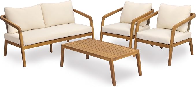 Merax 4-Piece Outdoor Patio Furniture Set, Acacia Wood Conversation Set with PE Wicker Backrest & Comfort Cushions for Backyard, Garden & Poolside