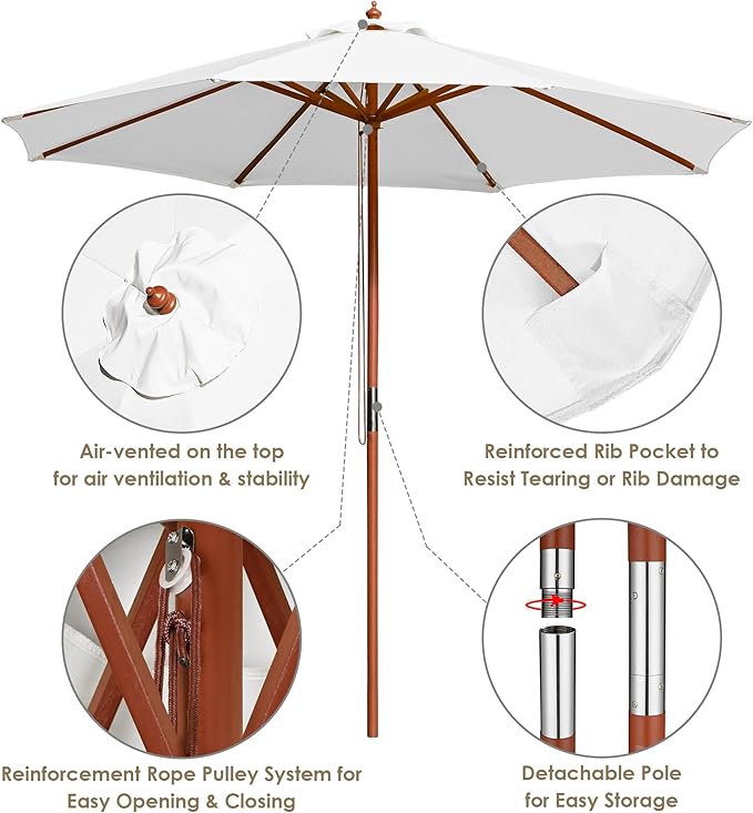 Yescom 9ft Coastal Solid Wood Umbrella Pulley Lift Commercial Base with Wheel Included for Seaside Restaurant Terrace Poolside Beach Club