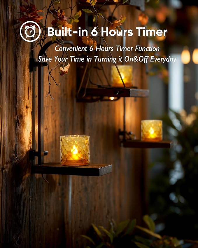 Homemory 2" x 2" Acrylic Votive Candle Holders with Auto Timer Flameless Led Tealight, Battery Powered Fake Electric Candles for Wedding Centerpiece, Table, Christmas Decor (6Pack, Gold Base)