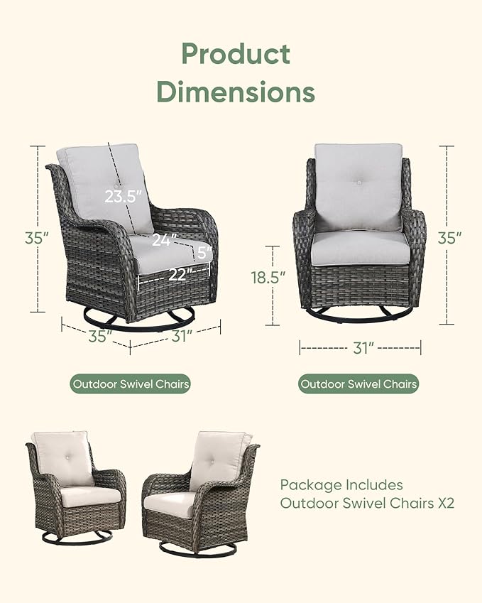 HUMMUH Outdoor Swivel Rocker Wicker Patio Chairs Set of 2, Rattan Rocking Chair Furniture Set (Grey,Beige)