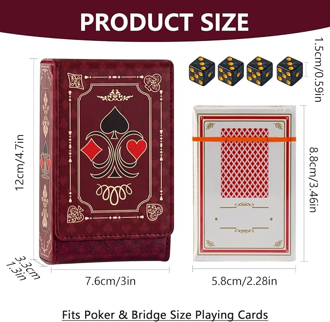 Leather Playing Card Box/Case, 4.7''x3''x1.3'' Deck of Cards Holder - Fits Bridge Cards, Playing Card Storage Box for Outdoor Travel Gaming (Red)