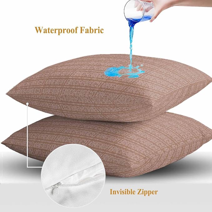 Outdoor Waterproof Throw Pillow Covers Set of 2 Brown Stripes Grain Pillowcases 26x26 Inches Solid Color Decorative Pillows Cushion Case Patio Pillows for Couch Bed Chair Garden