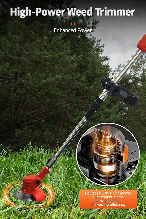 Cordless Grass Trimmer & Edger - Lightweight Foldable, 2 x 21V Batteries Included, Weed Trimmer, Red