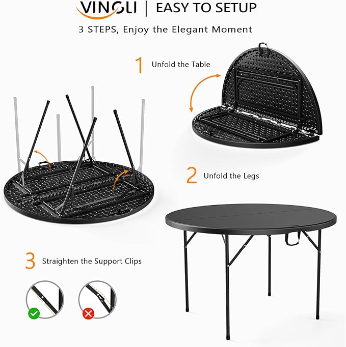 VINGLI Black 48" Round Bi-Folding Commercial Table, 4 Feet Portable Plastic Dining Card Table for Kitchen or Outdoor Party Wedding Event, 2-Pack