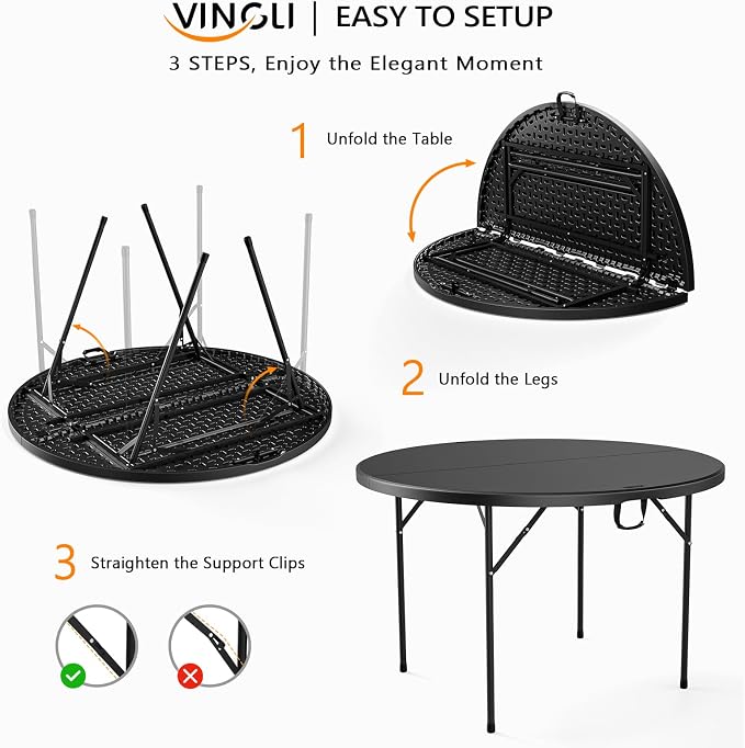 VINGLI Black 48" Round Bi-Folding Commercial Table, 4 Feet Portable Plastic Dining Card Table for Kitchen or Outdoor Party Wedding Event, 1-Pack