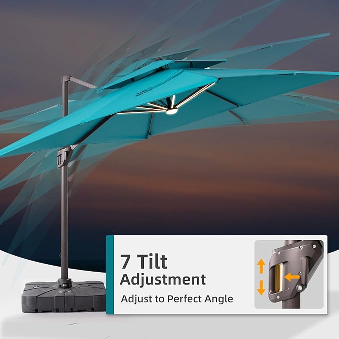 9x12 FT Patio Umbrella with Weighted Base and LED Lights Cantilever Outdoor Large Heavy Duty Rectangle Aluminum Offset Umbrellas Double Top 360 Rotation for Pool Deck Garden, Turquoise