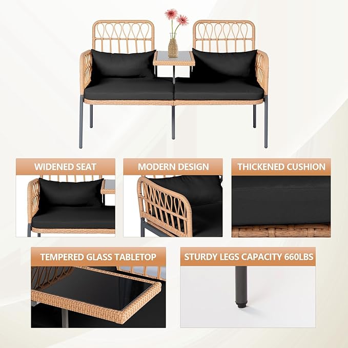 Outdoor Loveseat 2 Pieces Patio Furniture Set, Porch Furniture Wicker Large Loveseats, Patio Conversation Sets with Cushions & Lumbar Pillows and Built-in Table, Black