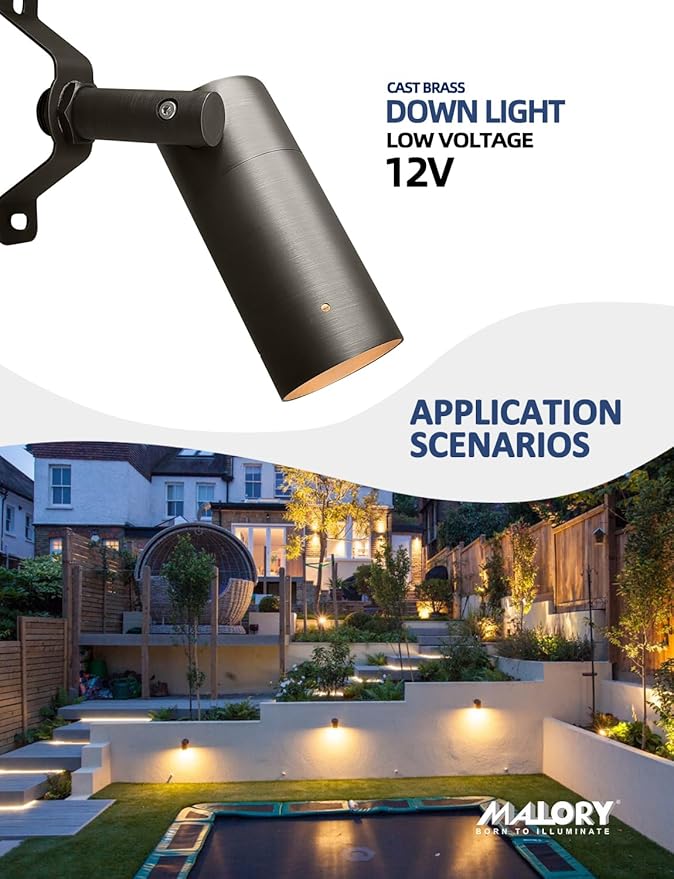MALORY Brass Landscape Spot Down Light, Low Voltage Led Downlights Tree Light Outdoor Landscape Lighting for Yard, Garden, Lawn, Wall, Patio with 5W MR16 LED Bulb 2700K Warm White（12 Pack）