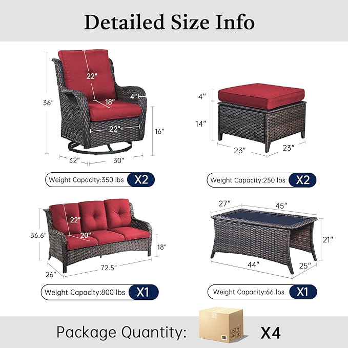 6 Piece High Back Patio Furniture Set - All Weather Patio Conversation Set with 4 Inch Thick Cushions and Deep Seating Swivel Glider Chairs & Outdoor Couch for Porch Deck Yard Pool