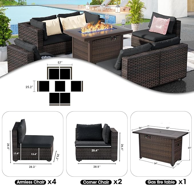 Grezone 7 Piece Patio Furniture Set with Fire Pit Table, Patio Sectional Furniture Sofa Set, Patio Conversation Sets with Cushions and Glass Coffee Table for Garden Lawn Balcony Porch Deck, Black