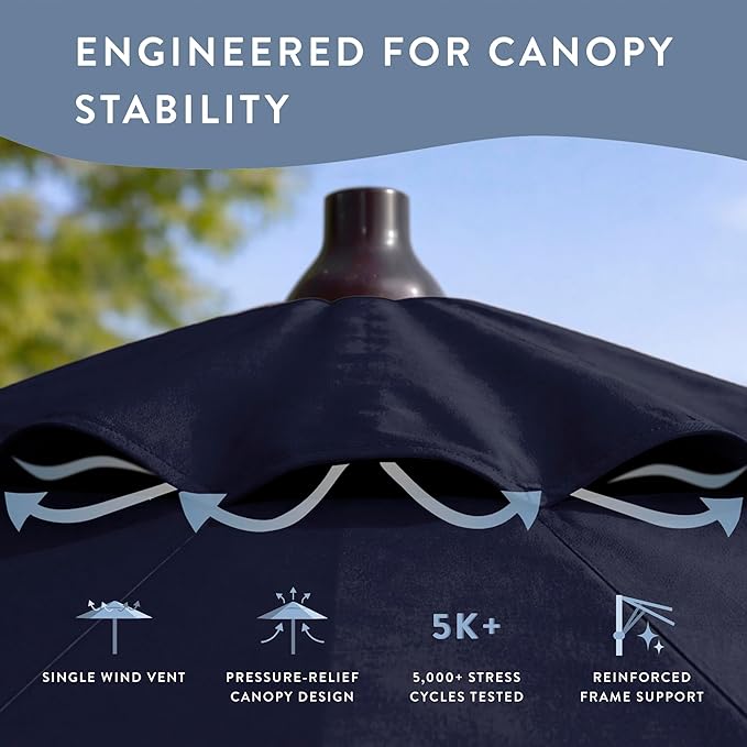 California Umbrella 8-Year Protection 9 Ft Outdoor Patio Umbrella, Solstice Fade-Resistant Fabric, Auto-Tilt, Heavy Duty Aluminum Frame, 8 Reinforced Ribs for Pool or Deck, Bronze Pole, Navy Blue