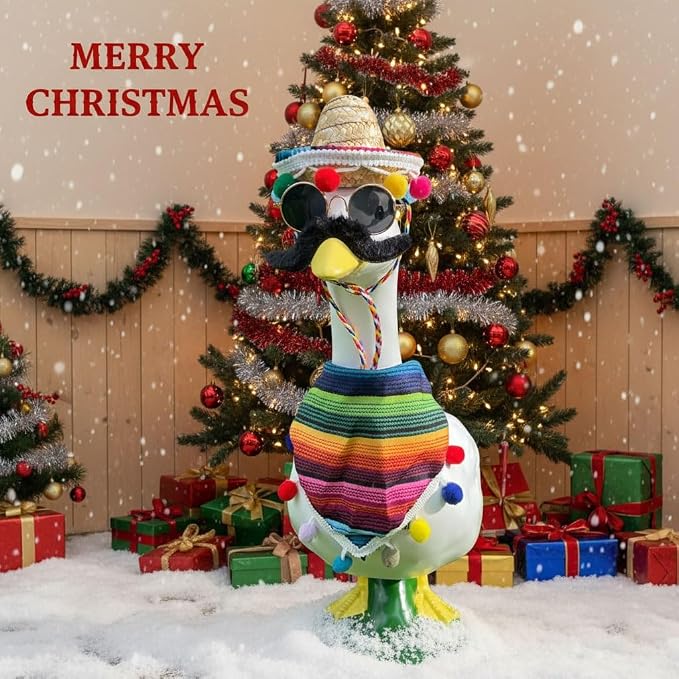 9pcs Mexican Porch Goose Outfit,Lawn Goose Statue Costume | for 17"/23" Statue Patio Lawn Garden Decoration,with Mexican Sombrero Bandana Scarf Beard Glasses