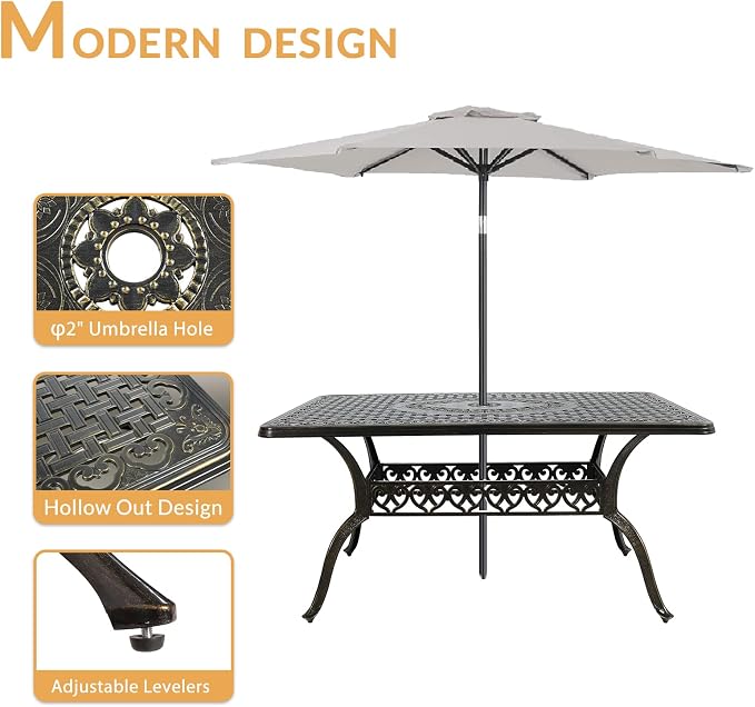 7-Piece Outdoor Patio Dining Set, 60” Rectangular Cast Aluminum Dining Table with Umbrella Hole and 6 Outdoor Dining Chairs, Patio Funiture Set for Backyard, Patio, Garden
