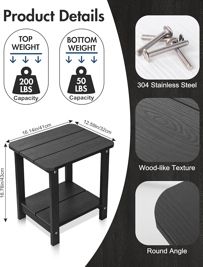 Tikea, Black Adirondack Outdoor Side Table, 16.7'' x 12.6'' x 16.7'', Weather Resistant, Double End Table for Patio, Garden, Lawn