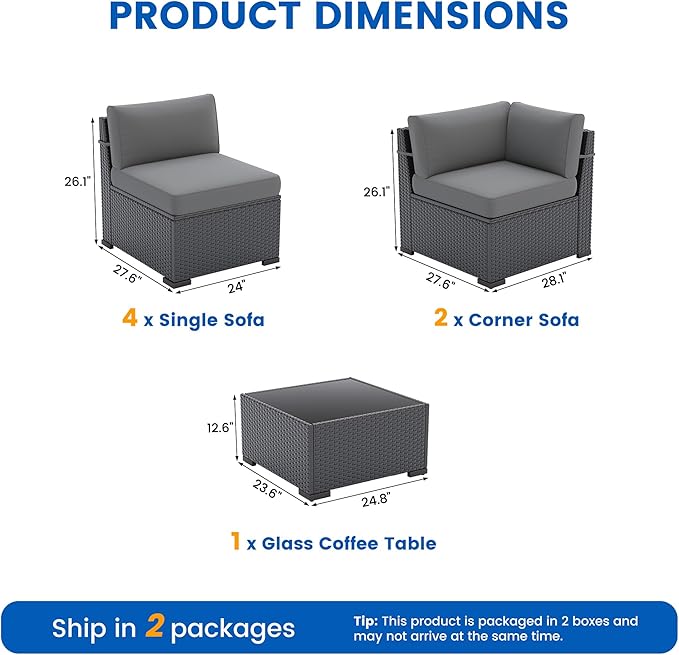 Patio Furniture Sets, 7-Piece Outdoor Patio Furniture with Thick Cushions,Coffee Table Outdoor All-Weather Conversation Set Sectional Sofa for Backyard, Poolside, Garden(Grey)