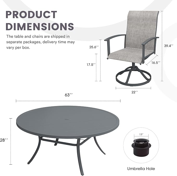 9 Pieces Outdoor Patio Dining Table Set, 63" All Weather Round Metal Table with Umbrella Hole and 8 High Back Textilene Swivel Chairs for Garden, Lawn, Poolside, Grey