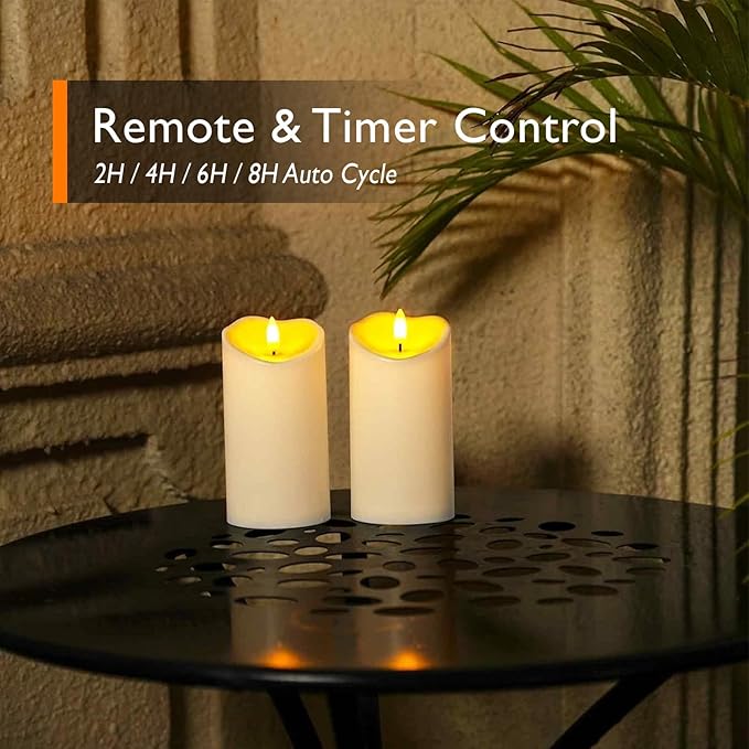 Homemory 6"x3" Outdoor Waterproof Flameless Candles, LED Candles, Battery Operated Candles with Remote and Timers, Electric Fake Plastic Pillar Candles, Ivory White, Set of 2