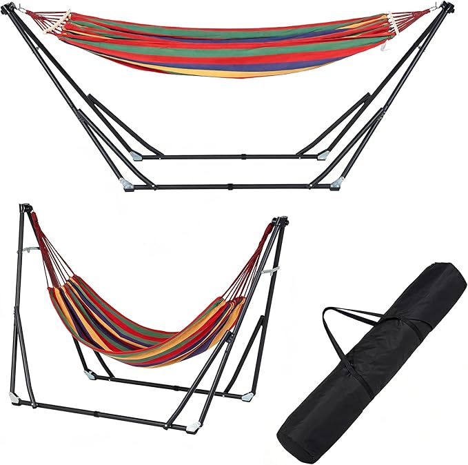 SogesPower 2 in 1 Hammock with Foldable Steel Stand & Carrying Bag,Portable Hammock Swinging Chair for Outdoor Patio Garden Camping Apartment,Color Stripes