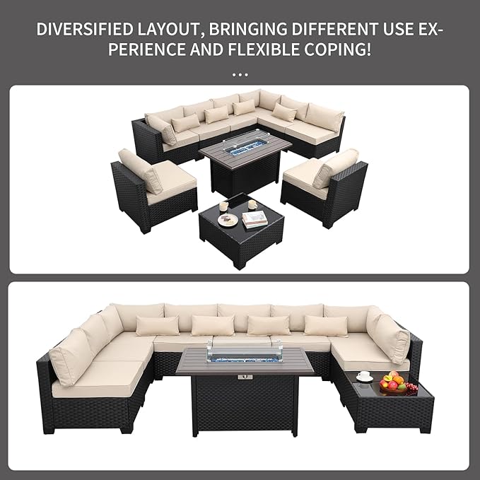 10 Pieces Outdoor Sectional All-Weather Wicker Patio Furniture Set Patio Sectional and Steel Fire Table and Glass Patio Table Non-Slip Cushions and Waterproof Covers, Khaki