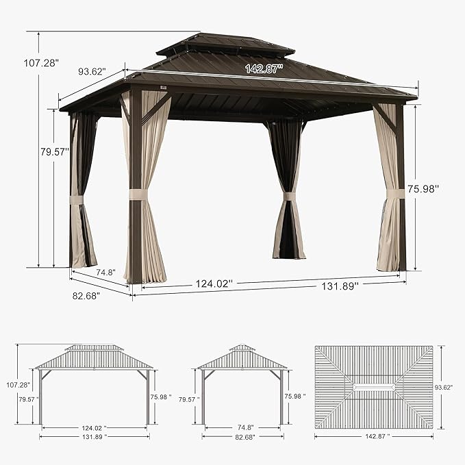 PURPLE LEAF 8’ X 12’ Outdoor Hardtop Gazebo Metal Frame Galvanized Steel Double Roof with Curtains and Nettings for Patio Desk Backyard Bronze