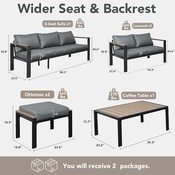 Patio Furniture Set 7 Seats and Coffee Table, 5 Pieces Patio Conversation Set with Thick Cushion, Ottomans, Deluxe Aluminum Modern Outside Sectional for Porch, Balcony, Deck, Yard, Light Gray