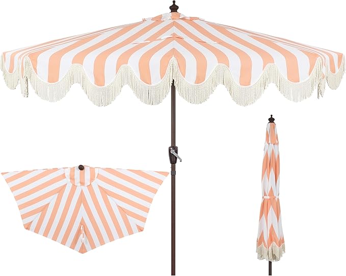 JONATHAN Y Beverly 9 ft. Coastal Coral Pink and White Striped Half Patio Umbrella with Scalloped Fringe, Crank Lift, and Manual Tilt for Balcony, Dark Brown Pole UMB1201E
