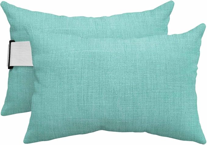 Turquoise Outdoor Lumbar Pillows 11x16 Set of 2, Farmhouse Burlap Solid Teal Color Modern Linen Texture Waterproof Throw Pillow Covers with Insert, Decorative Pillowcase Cushion for Couch Sofa Bed