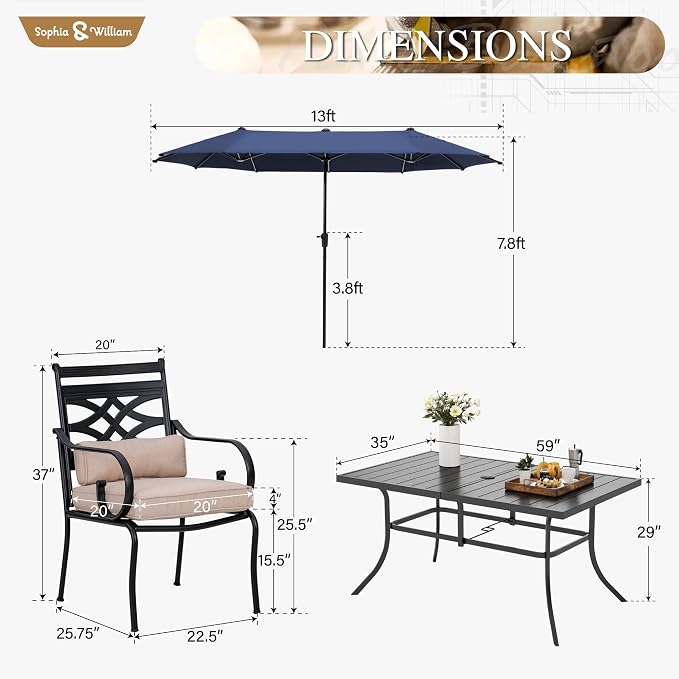 Sophia & William Patio Dining Set, Steel, Navy | E-Coated, Cushions Included, For Patio, Garden and Yard