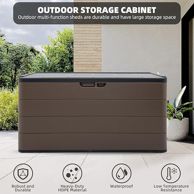 Outdoor Storage Box, 100 Gallon Plus Resin Deck Box Waterproof for Patio Furniture, Garden Tools and Pool Accessories, Lockable UV-Resistant Storage Bin Bench Cabinet for Outside, Brown
