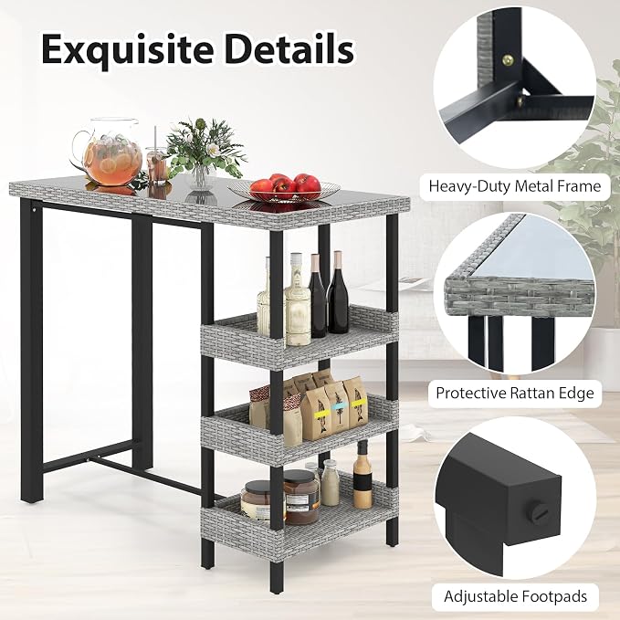 Tangkula 43.5” Outdoor Bar Table, Wicker Bar Height Dining Table w/Tempered Glass Top & 3 Rattan Shelves, Patio Metal Furniture w/Storage for Backyard, Poolside, Porch (Mix Gray)