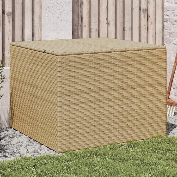 Wicker Patio Storage Box with PE Liner, Patio PE Rattan Storage Container, Outdoor Storage Box for Cushions, and Garden Tools, Mix Beige 76.9 Gal Poly Rattan,-919