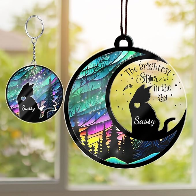Custom Cat Memorial Suncatcher, Personalized with Name and Breed, Loss of Pet Sympathy Gift for Cat Lovers, Stained Glass Look Acrylic Ornament