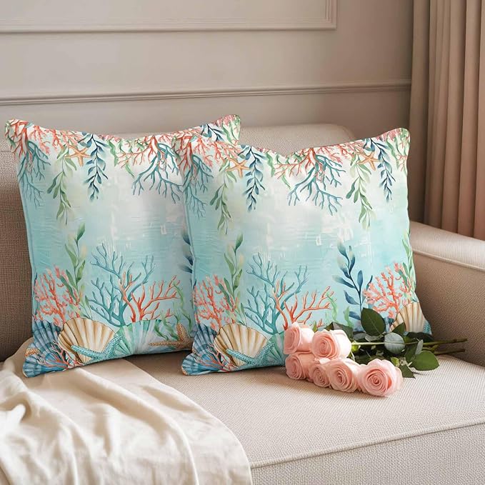 Throw Pillow Covers 20x20 Inch Set of 2, Ocean Starfish Seaweed Waterproof Outdoor Pillow Covers, Summer Coastal Beach Shell Coral Teal Decorative Cushion Pillowcases for Couch, Sofa, Bed, Patio