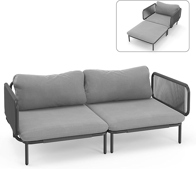 Patio Furniture Set, Outdoor Patio Furniture Oversized Metal Patio Sectional Sofa, 2-Seat Conversation Set with Cushion for Indoor and Outdoor, Black Frame & Dark Grey Mat (2 Seats 4 Armrests)