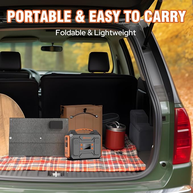 Portable Solar Generator, 300W Portable Power Station with Foldable 60W Solar Panel,110V Pure Sine Wave 280Wh Battery Power Pack with USB DC AC Outlet for Camping Smart Devices RV Van Outdoor-Orange