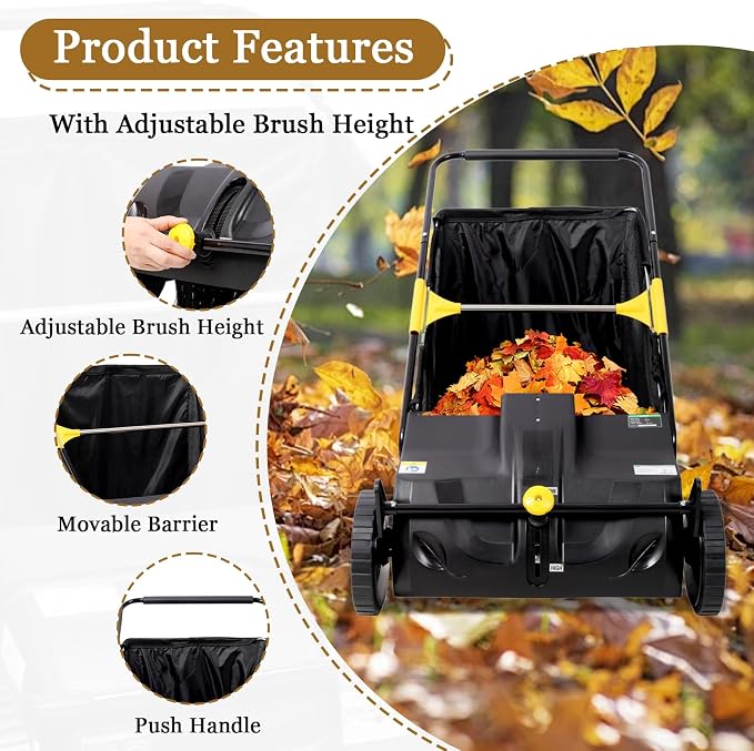 21 Inch Lawn Sweeper Push Hand Powered for Leaves, Grass Clippings & Yard Debris, 4 High-Speed Brushes & Large 7 cu ft Hopper Bag | Adjustable Height, ABS+Steel Frame (21 Inch Black)