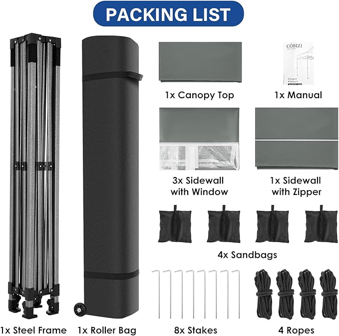 COBIZI Pop up Canopy Tent 10x10 Heavy Duty Gazebo with 4 Sidewalls, UPF 50+ All Weather Waterproof Commercial Outdoor Wedding Party Tents Canopy with Roller Bag, Deep Gray