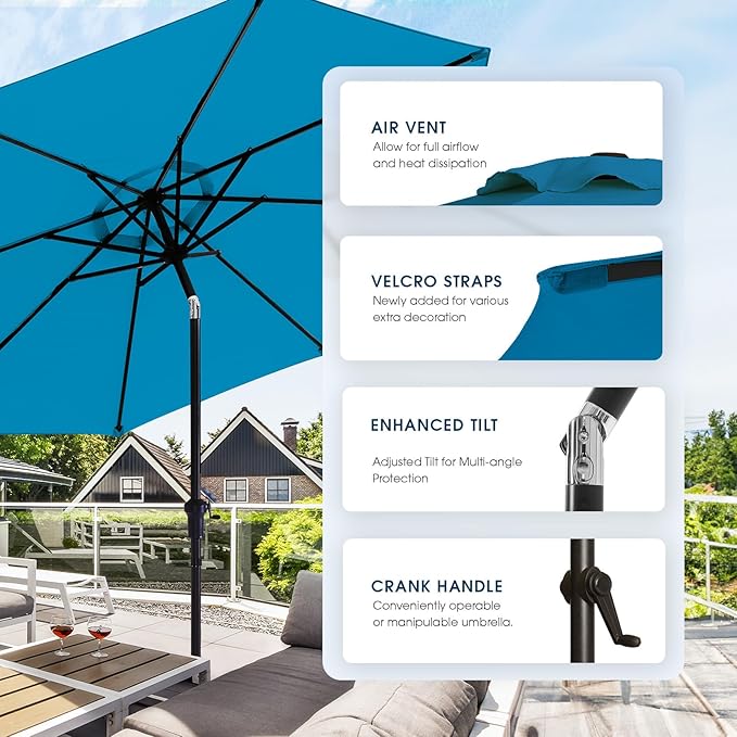 wikiwiki 9FT Patio Umbrella with Base, Outdoor Umbrellas with Base Included, 8 Sturdy Ribs, Waterproof Fade Resistant POLYESTER DTY Canopy for Deck, Lawn, Garden, Backyard & Pool, Royal Blue