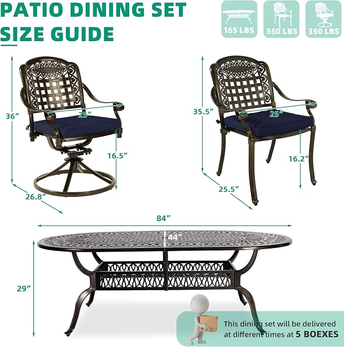 VIVIJASON 9-Piece Patio Furniture Dining Set, All-Weather Cast Aluminum Outdoor Conversation Set, Include 6 Stationary Chairs, 2 Swivel Dining Chairs, Oval Table with Umbrella Hole, Navy Blue Cushion