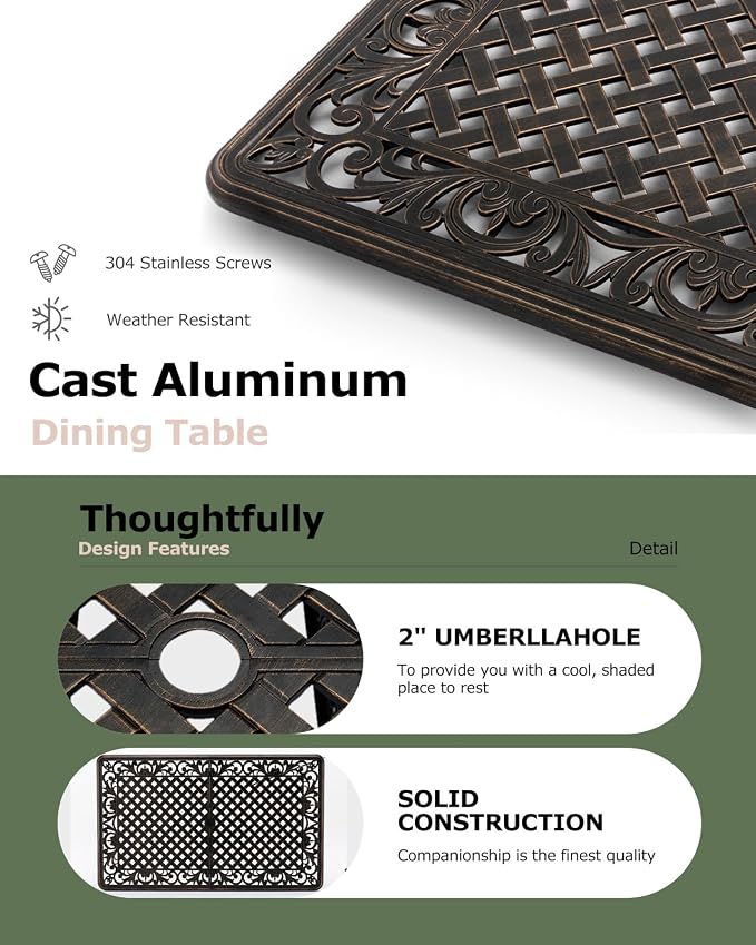 7 Piece Cast Aluminum Outdoor Dining Set, Retro Patio Dining Furniture Set for 6 Includes 59” Table 2 Swivel & 4 Stackable Lattice Chairs with Cushions and 2“ Umbrella Hole for Porch Poolside Garden